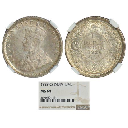 George V, silver ¼ rupee, 1929, Calcutta mint, no dot, PR 450, GK 1096. Graded as MS64 by 