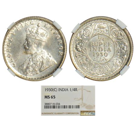 George V, silver ¼ rupee, 1930, Calcutta mint, no dot, PR 451, GK 1097. Graded as MS65 by 