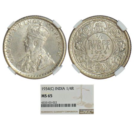 George V, silver ¼ rupee, 1934, Calcutta mint, no dot, PR 452, GK 1098. Graded as MS65 by 