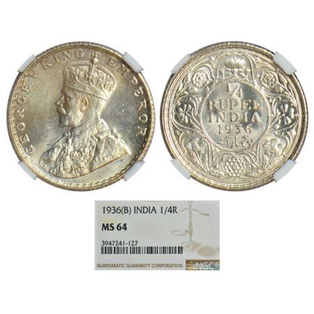 George V, silver ¼ rupee, 1936, Bombay mint, dot, PR 460, GK 1100. Graded as MS64 by NGC,V