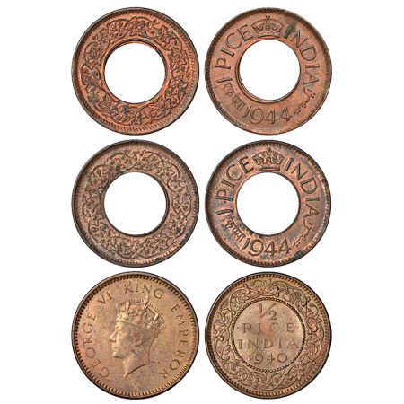 George VI, copper coins (3), 2x 1 pice, 1944, Calcutta mint, high crown, no mint mark, unl