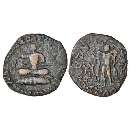 Indo Scythians, copper unit of Azes (c.45-20 BC), ISCH 107, 8.87g. Obv: King seated cross-