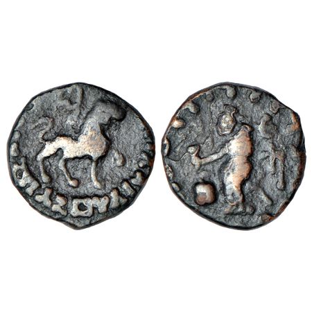 Indo-Scythians, copper ¼ unit of Azes (c.45-20 BC), ISCH 123.16, 2.43g. Obv: Lion standing