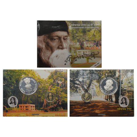 2011, 150th Birth Anniversary of Rabindranath Tagore, UNC set of 2 coins, 150 rupees and 5