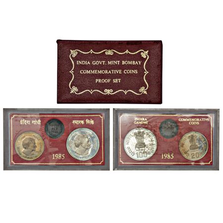 1985, Indira Gandhi, proof set of 2 coins, 100 rupees & 20 rupees, Bombay mint, RB 111, in