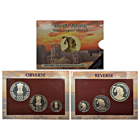1999, Chhatrapati Shivaji, Proof set of 3 coins, 100 rupees, 50 rupees and 2 rupees, Mumba