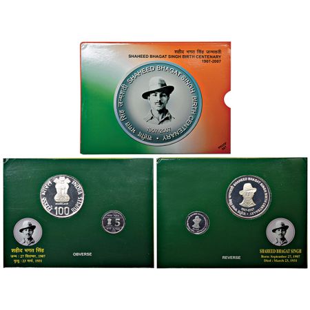 2007, Shaheed Bhagat Singh Birth Centenary, Proof set of 2 coins, 100 rupees and 5 rupees,