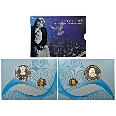 2010, Mother Teresa Birth Centenary, Proof set of 2 coins, 100 rupees and 5 rupees, Kolkat