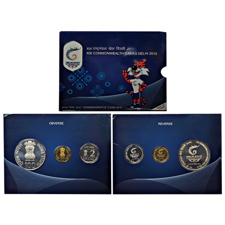 2010, XIX Commonwealth Games Delhi, Proof set of 3 coins, 100 rupees, 5 rupees and 2 rupee