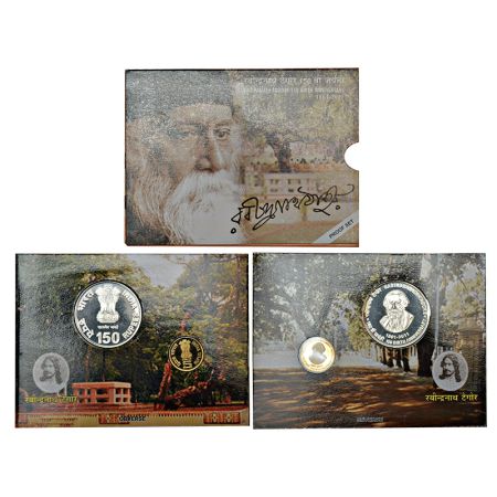 2011, 150th Birth Anniversary of Rabindranath Tagore, proof set of 2 coins, 150 rupees and