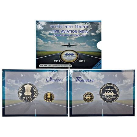 2011, Civil Aviation India, Proof set of 2 coins, 100 rupees and 5 rupees, Mumbai mint, in