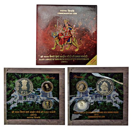 2012, Silver Jubilee of Shri Mata Vaishno Devi Shrine Board, proof set of 3 coins, 25 rupe