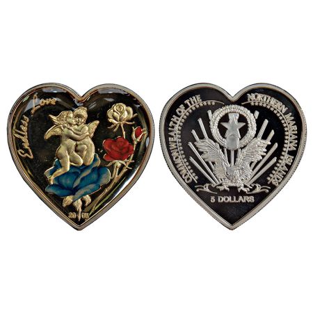 Northern Mariana Island (United States), heart shape, proof, silver 5 dollar, 2005, coated
