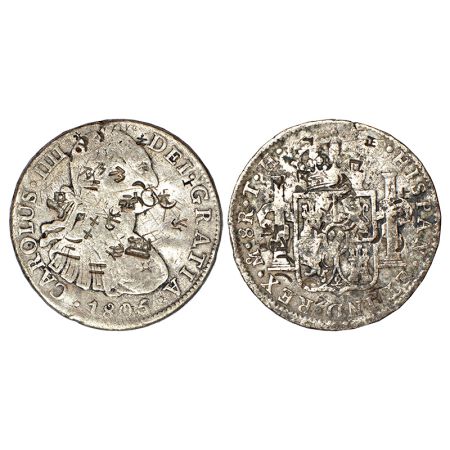 Mexico, Charles IV (1788-1808 AD), silver 8 reales, 1805, 'TH' mintmark, counter-mark with