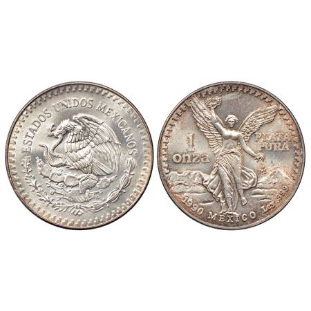 Mexico, silver ONZA (Trop ounce of silver), AD 1990, KM 494.2, 31.14g. Obv: National arms 