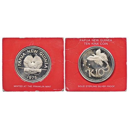 Papua, New Guinea, proof, silver 10 kina, AD 1975, KM 8a, 41.60g. Obv: National arms of Pa