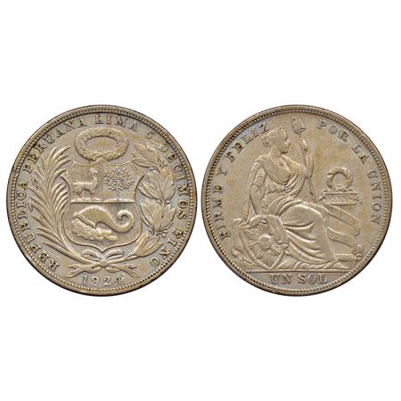 Peru, silver unsol (50% silver), Limamint, 1924, KM 218.1-218.2, 24.77g. Obv: National arm