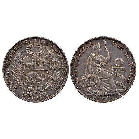 Peru, silver unsol (50% silver), Lima mint, 1934, KM 218.2, 24.64g. Obv: National arms of 