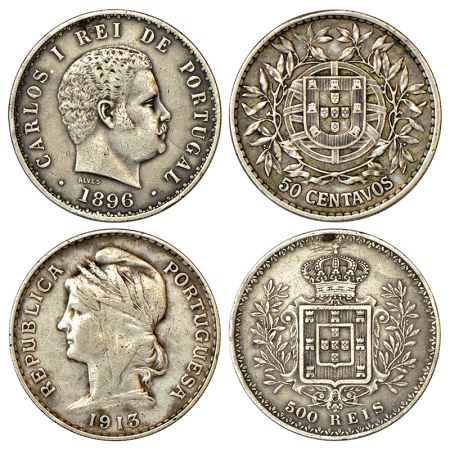 Portugal, silver coins (2), 1x CarlosI, 500 reis, AD 1896, KM 535, 12.61g; and Republic Po