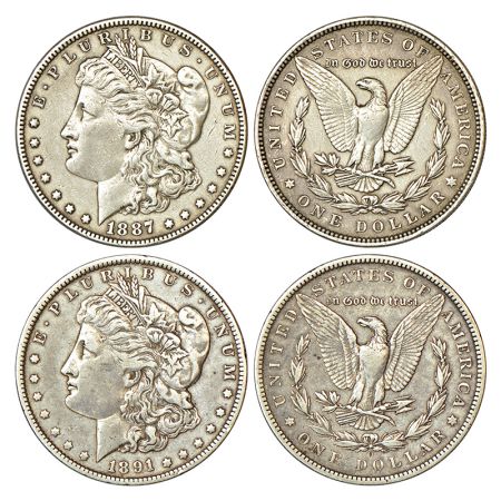 United States of America, silver Morgan dollar (2), AD 1887, 26.54g and AD 1891, 26.52g, K