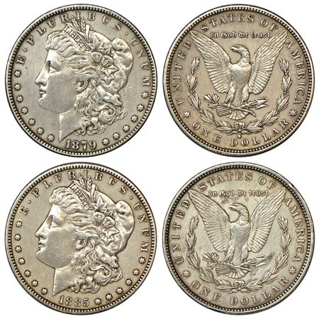 United States of America, silver Morgan dollar (2), AD 1879, 26.66g and AD 1885, 26.64g, K