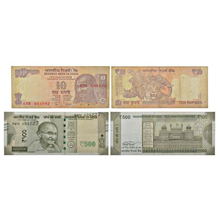 Misprint notes (2), (A) 10 rupees, Gandhi series, 201x, signed by D. Subbarao, inset 'M', 
