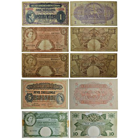 East Africa, British issue notes (5), George VI, 1x 1 shilling; and Elizabeth II, 3x 5 shi