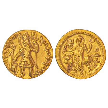 Kushan, gold dinar of Vasudeva I (190-225 AD), 8.04g. Obv: Nimbate king standing, facing h