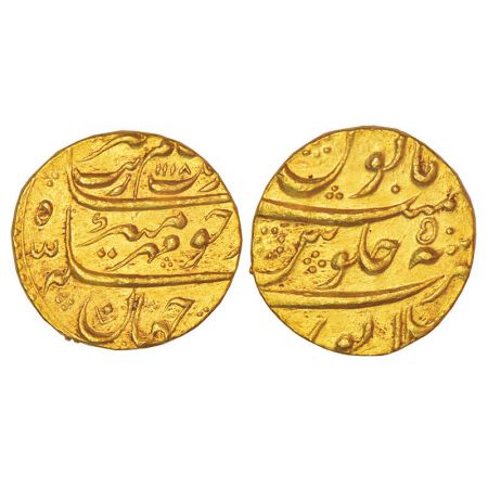 Aurangzeb (1658-1707 AD), gold mohur of Mailapur mint, AH 1118/RY 50, 'Mihr-e-Munir' coupl