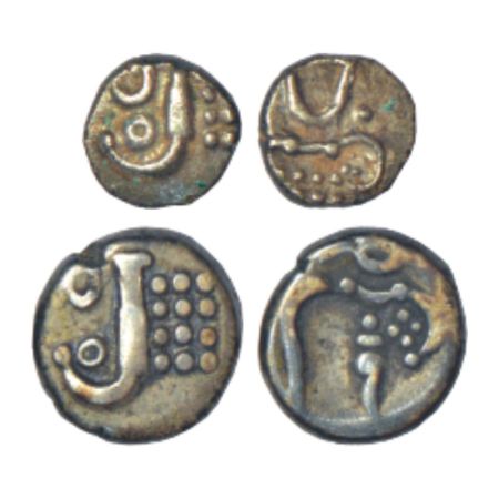 Cochin, British Protectorate, silver puttun, KM 1, 0.36g and 2 puttuns, KM 2, 1.05g. Obv: 