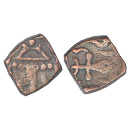 Dhar, anonymous square copper paisa, 10.24g. Obv: Chattra. Rev: Big Sword. Good very fine,