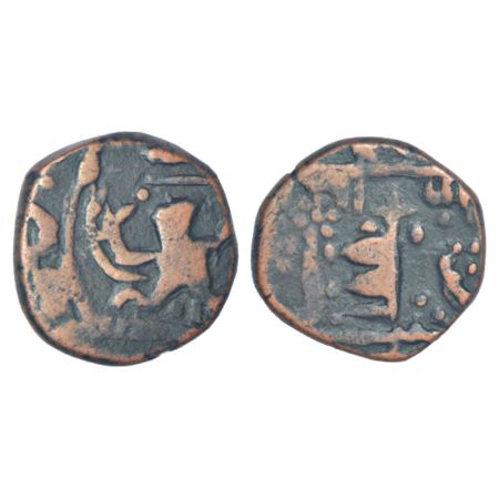Dhar, anonymous copper paisa, 11.07g. Obv: Hanuman running right. Rev: Pataka and Flower. 