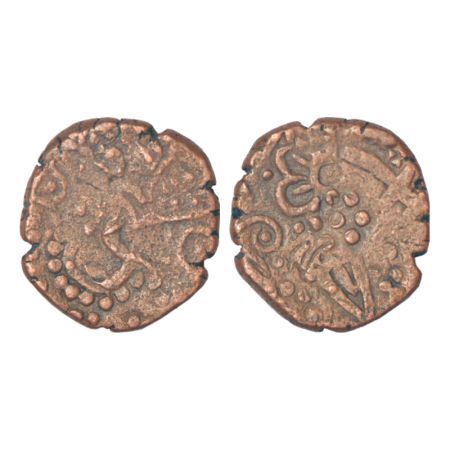 Dhar, anonymous copper paisa, 12.66g. Obv: Decorative fields with Swastika overstruck. Rev