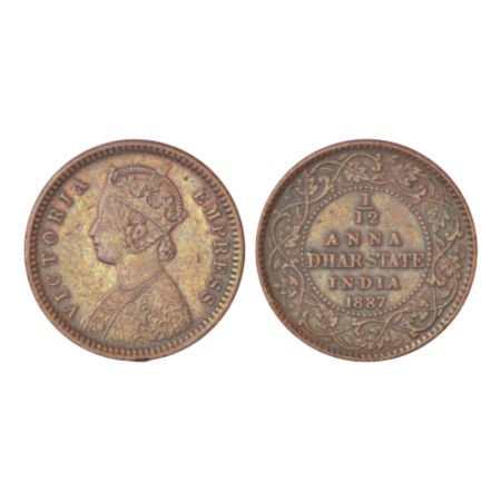 Dhar, Anand Rao III (1860-1898 AD), copper 1/12 anna, 1887, KM 11, 2.10g. Obv: Portrait bu