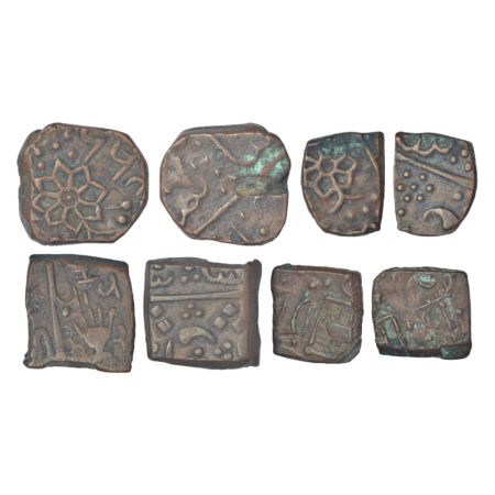 Lunawada, Wakhat Singh Ji (1867-1929 AD), copper coins (4), 2x eight petaled lotus flower 