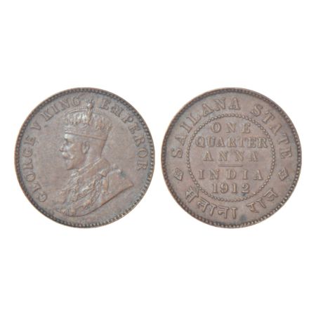 Sailana, Jaswant Singh (1890-1919 AD), copper ¼ anna, AD 1912, KM 16, 5.05g. Obv: Portrait