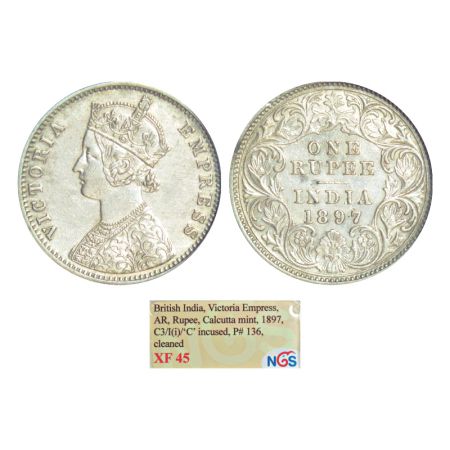 Victoria Empress, silver rupee, 1897, Calcutta mint, C3/I(i)/C incused, PR 136, GK 582. Gr