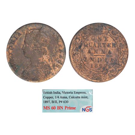 Victoria Empress, copper ¼ anna, 1897, Calcutta mint, B/II/no mm, PR 630, GK 856. Graded a
