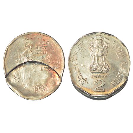 2 rupees, error, copper-nickel, 1998, Calcutta mint, mad error on obverse and double struc