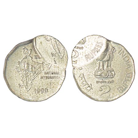 2 rupees, error, copper-nickel, 1999, Calcutta mint, double struck on both side, 5.97g. Ex