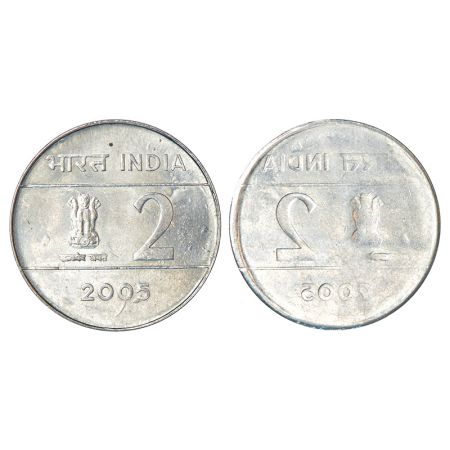 2 rupees, error, ferratic stainless steel, 2005, Calcutta mint, obverse brockage (Lakhi) o