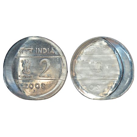 2 rupees, error, ferratic stainless steel, 2006, Bombay mint, obverse brockage (Lakhi) and
