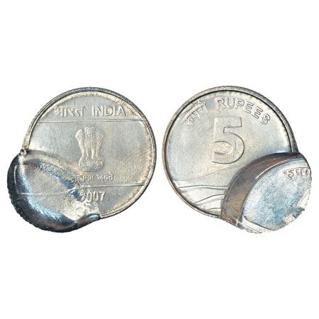 5 rupees, error, ferratic stainless steel, 2007, Calcutta mint, on side double struck, 6.0