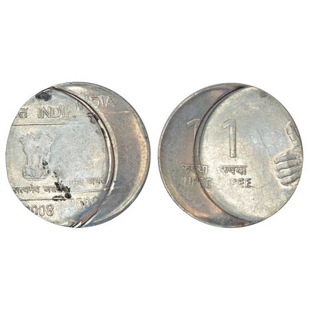 1 rupee, error, ferratic stainless steel, 2008, Calcutta mint, double struck on both side,
