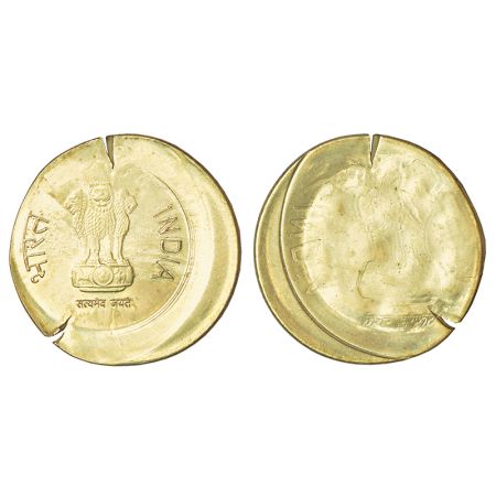 5 rupees, error, nickel-brass, ND (2009-2019), obverse broad strike, die-shifted and brock