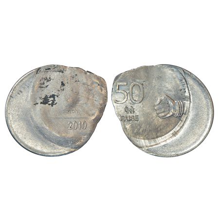 50 paise, error, ferratic stainless steel, 2010, Calcutta mint, 25% die shifted and partly