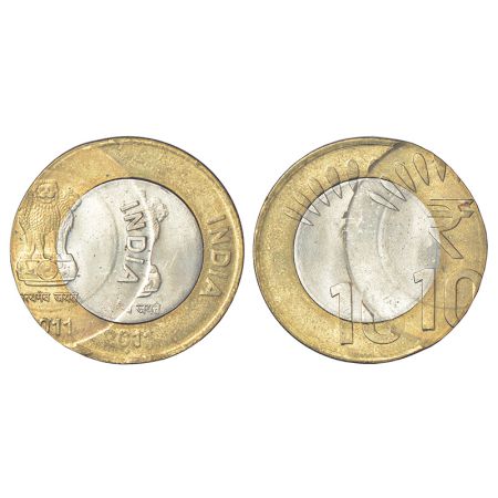 10 rupees, error, bi-metal, 2011, Bombay mint, double struck on both side, 7.61g. Uncircul