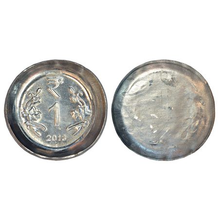1 rupee, error, ferratic stainless steel, 2013, Bombay mint, heavy striking on the center 