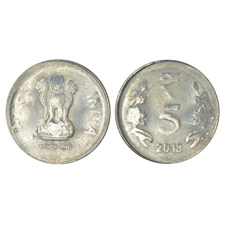 5 rupees, error, 2013, Bombay mint, off metal strike (OMS), struck in stainless steel and 