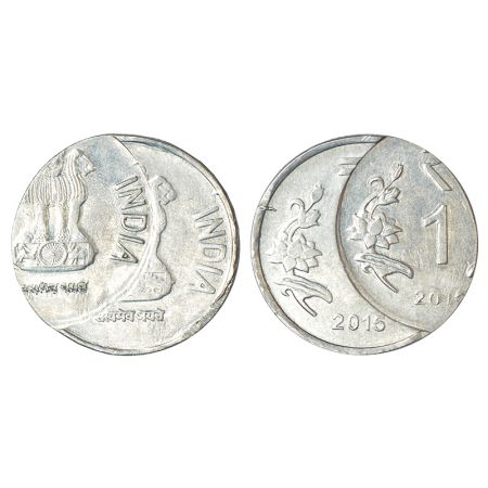 1 rupee, error, ferratic stainless steel, 2015, Calcutta mint, double struck on both side,